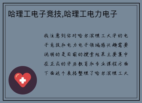 哈理工电子竞技,哈理工电力电子